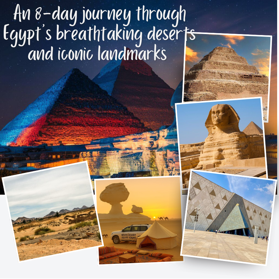 🏜️ 8-Day Itinerary: Black Desert, Crystal Mountain, Aqabat Desert Valley, Old & New White Desert, Giza Pyramids, Sphinx & Egyptian Museum 🏕️ – Code Number Program (118 )